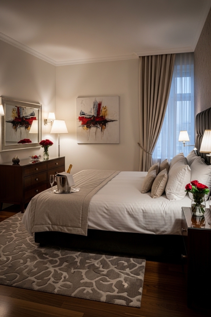 Romantic hotel-style bedroom setup with elegant bedding