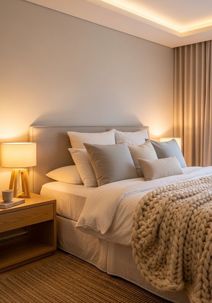 Chunky knit throw blanket draped over a cozy couple bedroom bed 