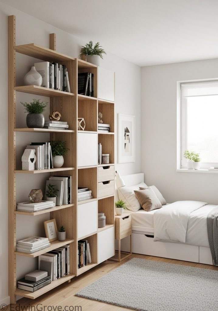 Vertical storage shelves in a small bedroom