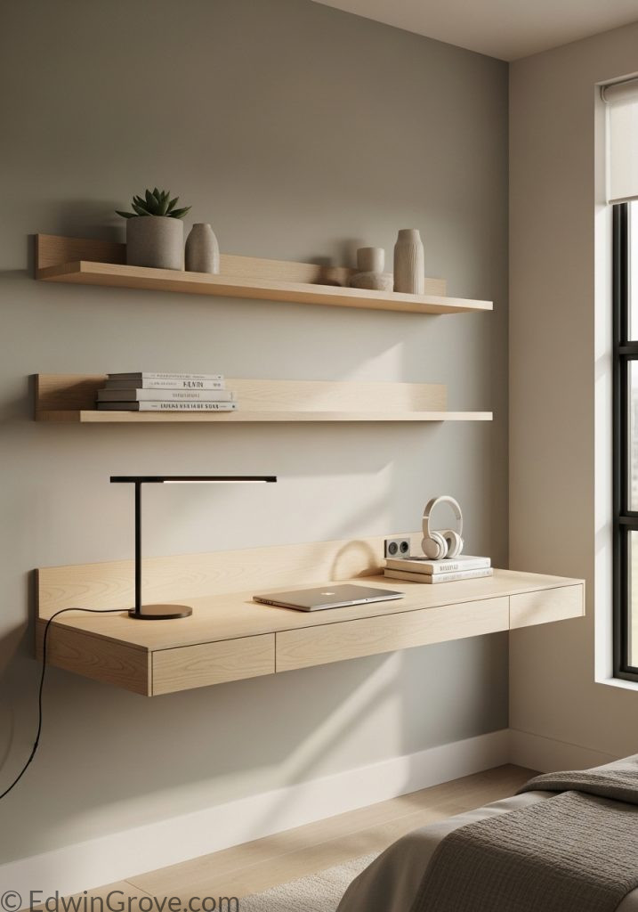 Wall-mounted desk in bedroom for compact office setup