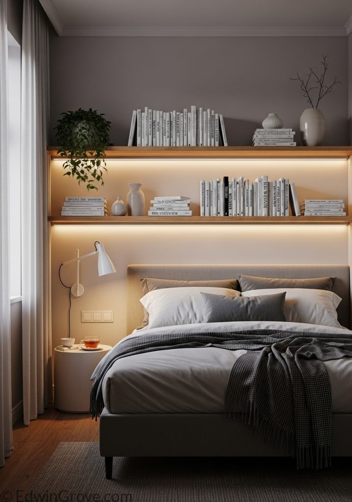 Wall mounted shelves providing vertical storage in small bedroom