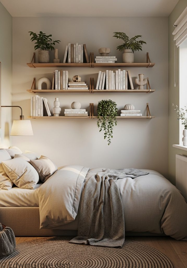 Wall shelves used for storage in a small bedroom