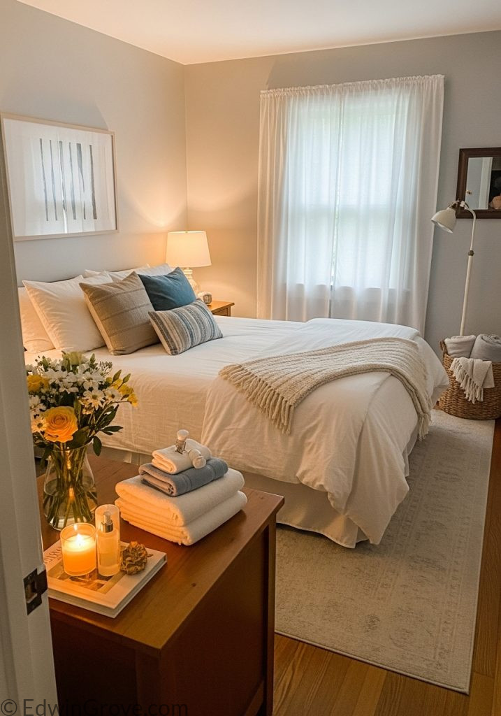 Welcoming small guest bedroom with thoughtful finishing touches