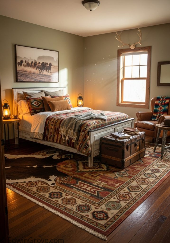 Western style rug in bedroom