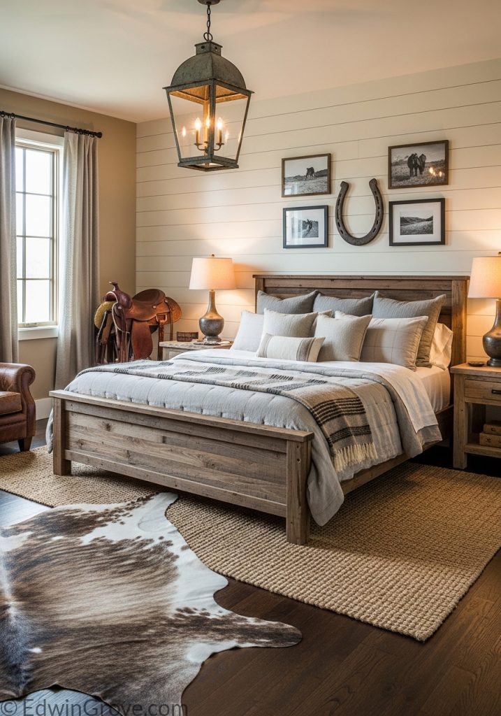 Wooden bed in rustic western bedroom with neutral bedding