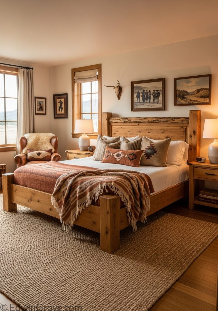 Wooden bed in western bedroom