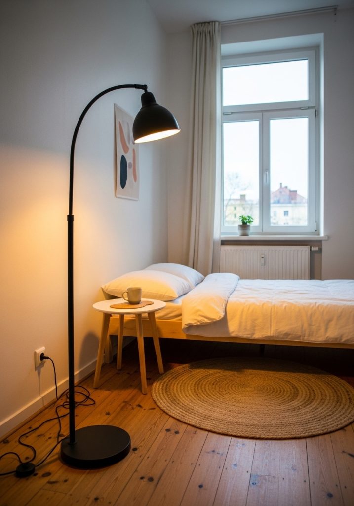 Tall arc floor lamp in the corner of a small cozy bedroom