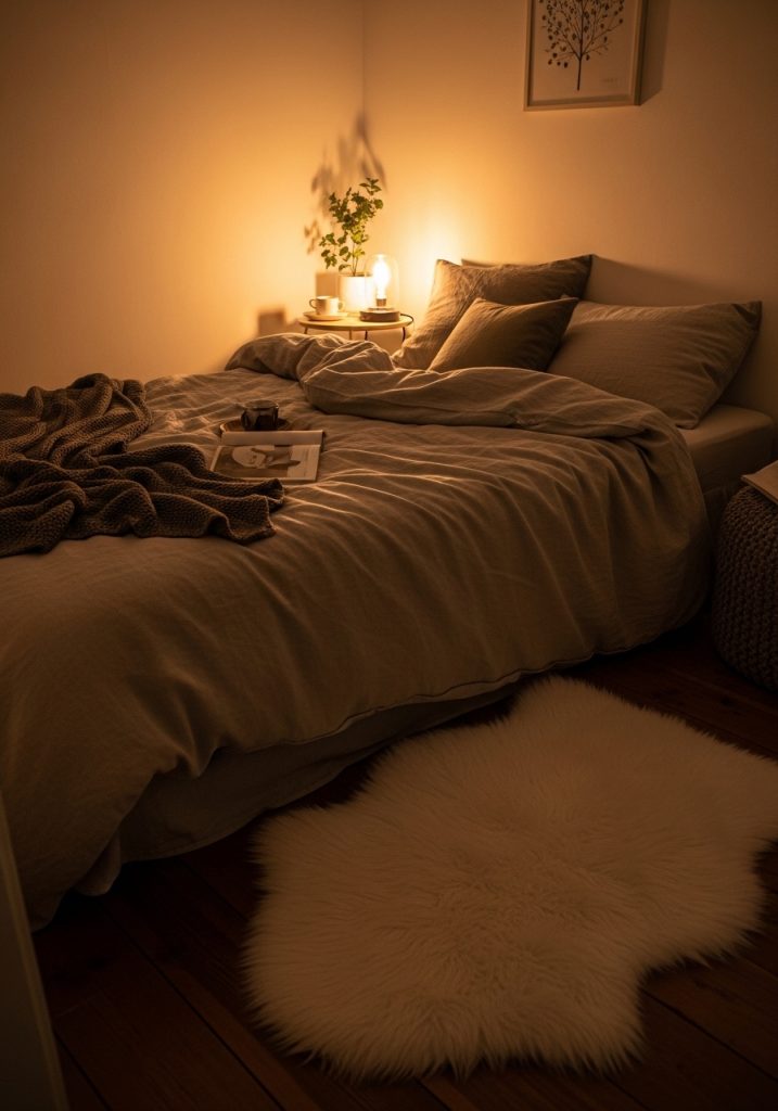 Soft faux fur rug beside the bed in a small cozy bedroom