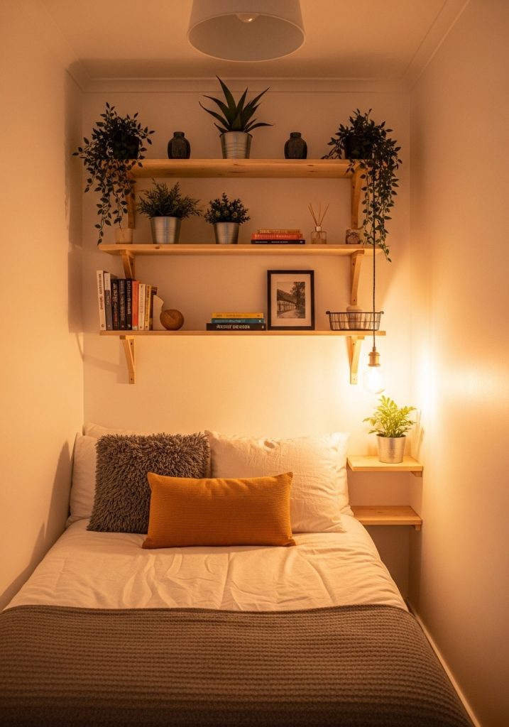 Floating wooden wall shelves with plants and books in a small cozy bedroom