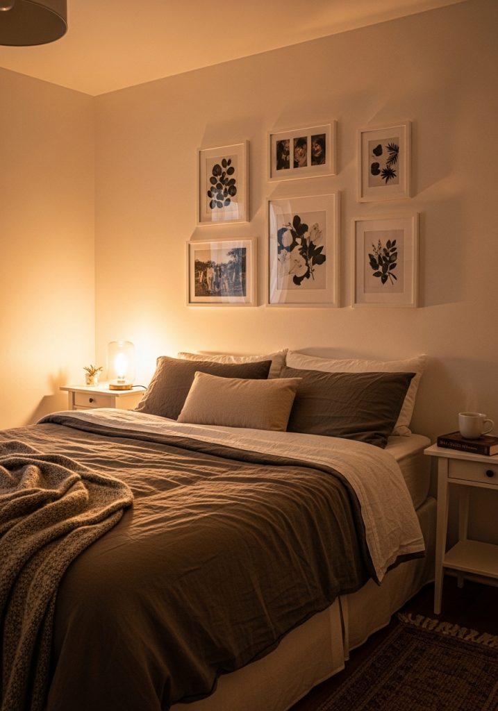 Simple gallery wall with framed photos above a cozy bedroom bed 