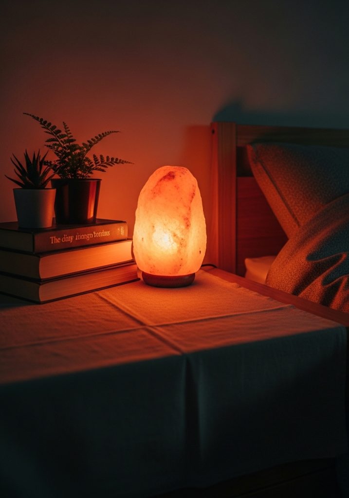 Himalayan salt lamp glowing orange on a cozy bedroom bedside table