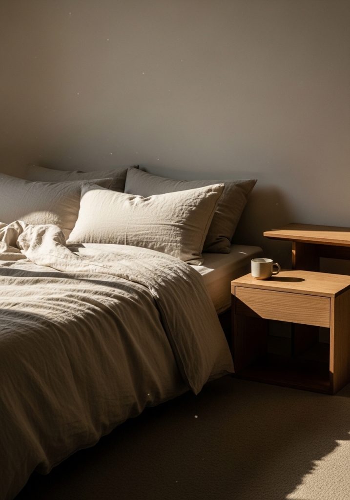 Soft linen duvet cover in beige on a simple cozy bedroom bed
