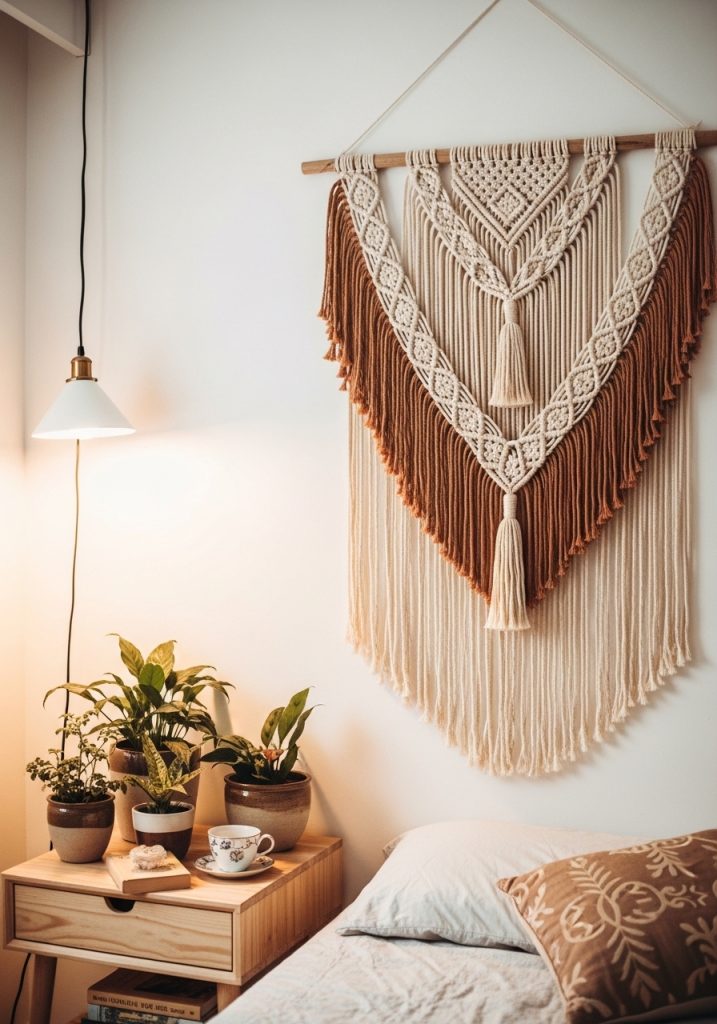 Large natural macrame wall hanging on a cozy bedroom wall