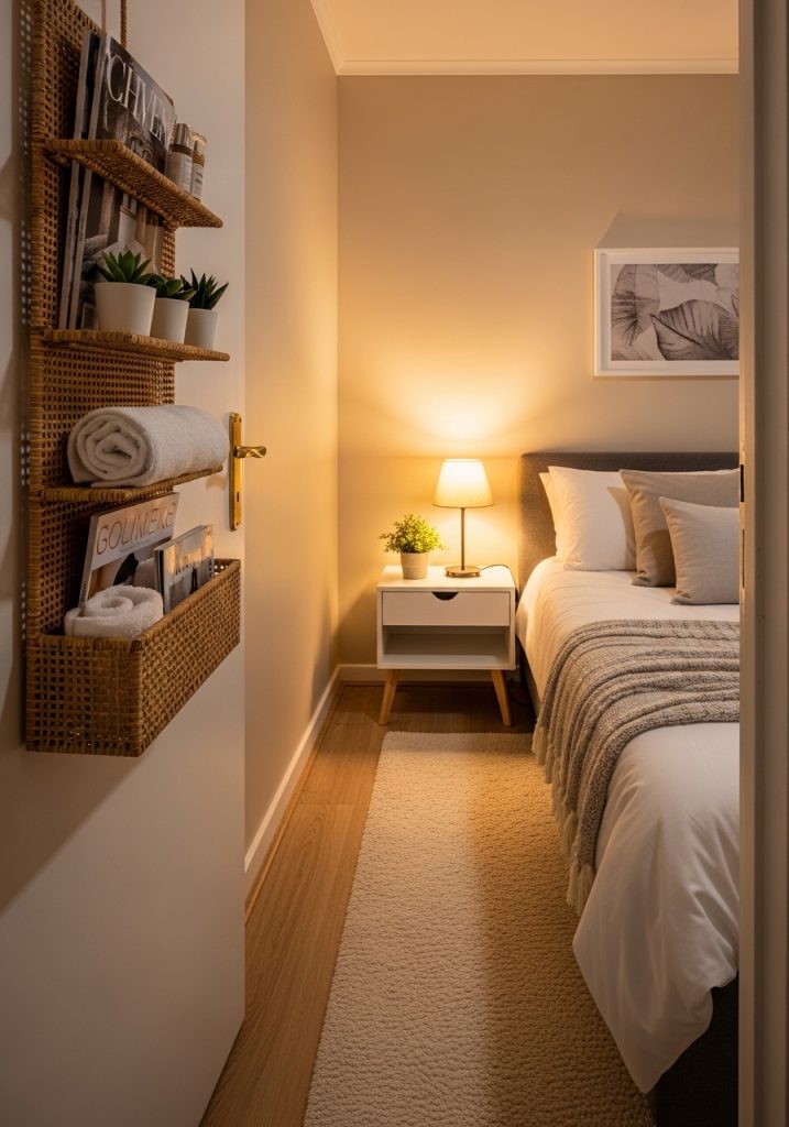 Stylish woven over the door organizer keeping a small bedroom tidy