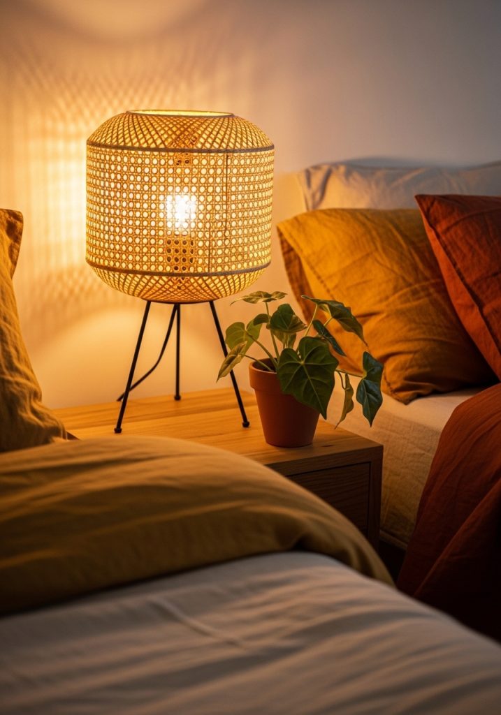 Rattan woven lampshade glowing warmly on a cozy bedroom bedside table 