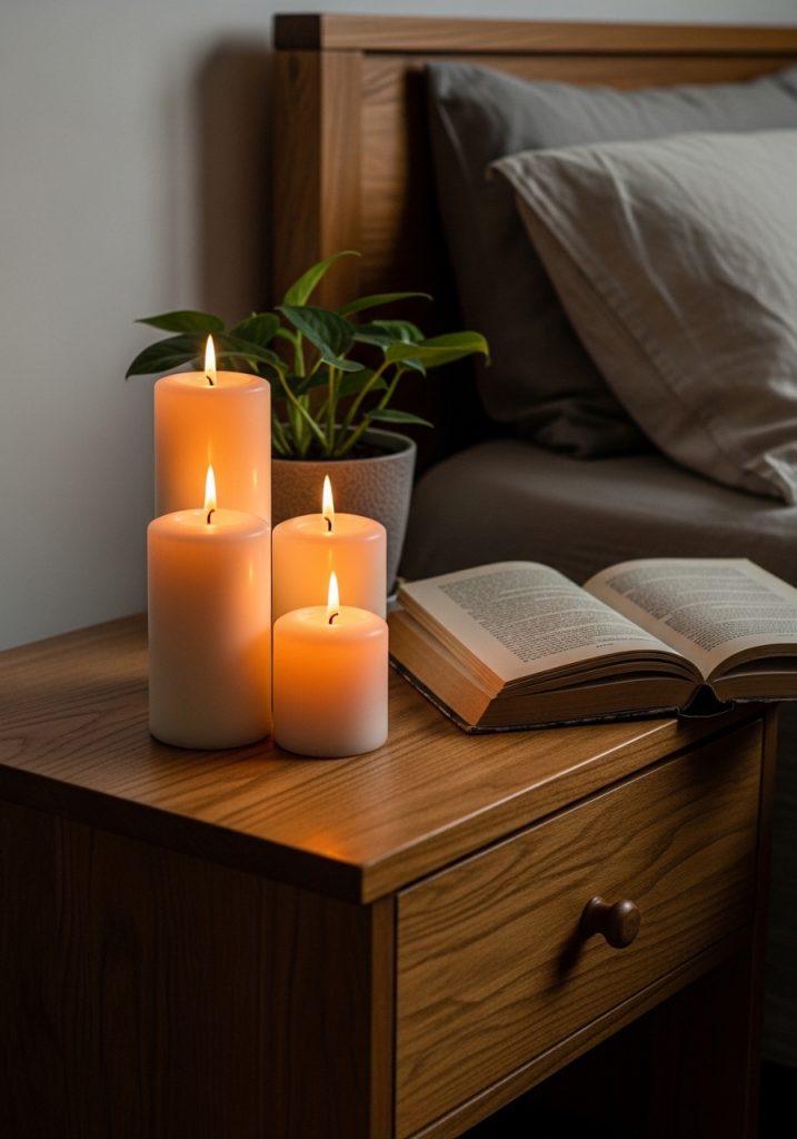 Scented candles glowing on a wooden bedside table in a cozy bedroom