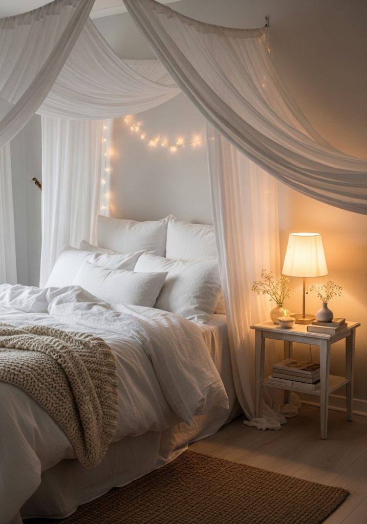 Dreamy sheer white curtain canopy hanging above a cozy bedroom bed 