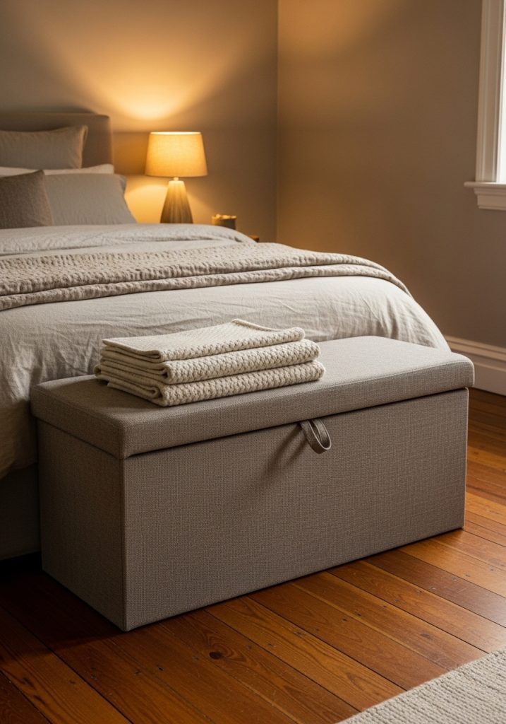 Fabric storage ottoman bench at the foot of a cozy bedroom bed