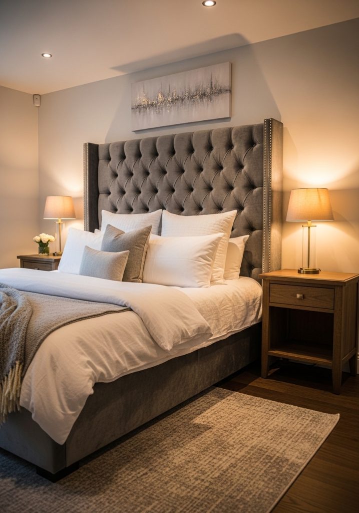 Grey velvet upholstered headboard in a luxurious cozy bedroom 