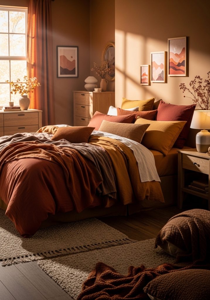 Warm terracotta and caramel toned bedding set on a cozy bedroom bed 