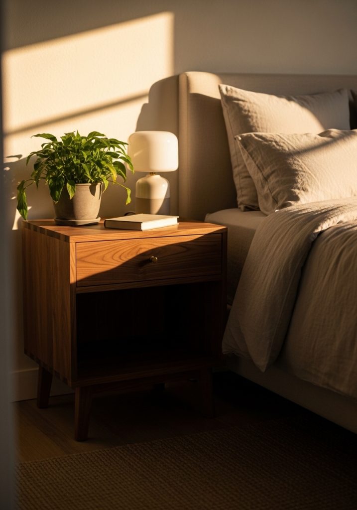 Natural wooden nightstand with drawer beside a cozy bedroom bed 