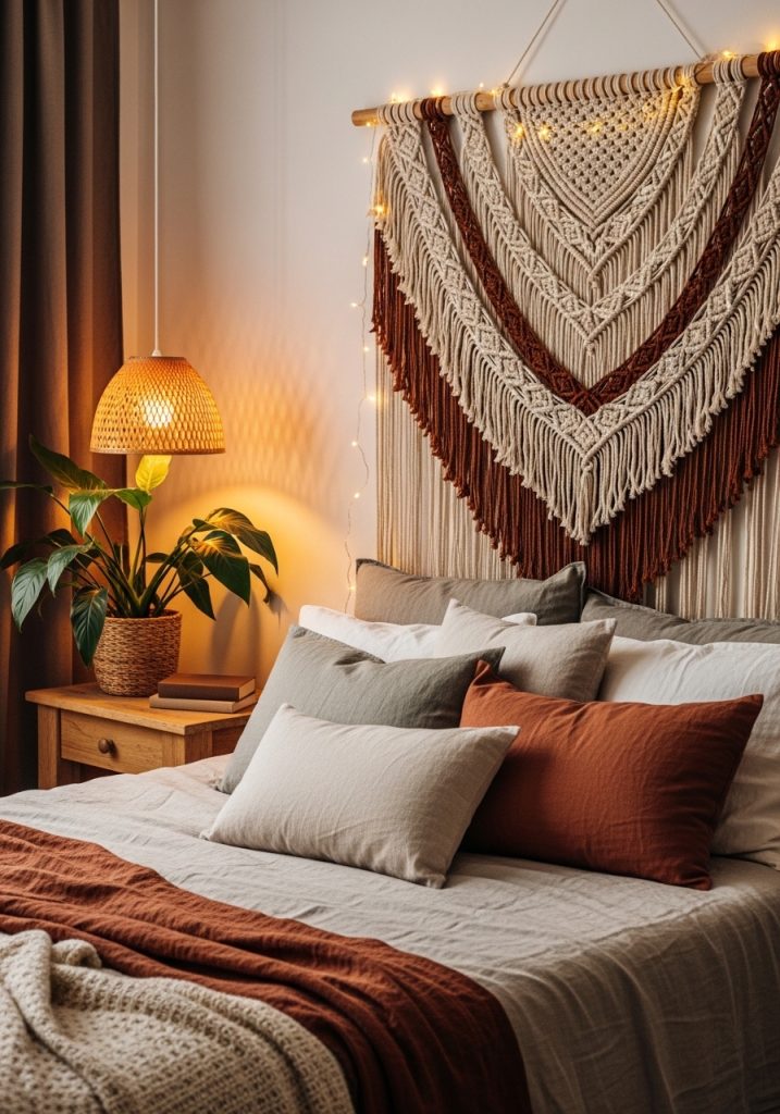 Large boho woven wall tapestry hanging behind a cozy bedroom bed