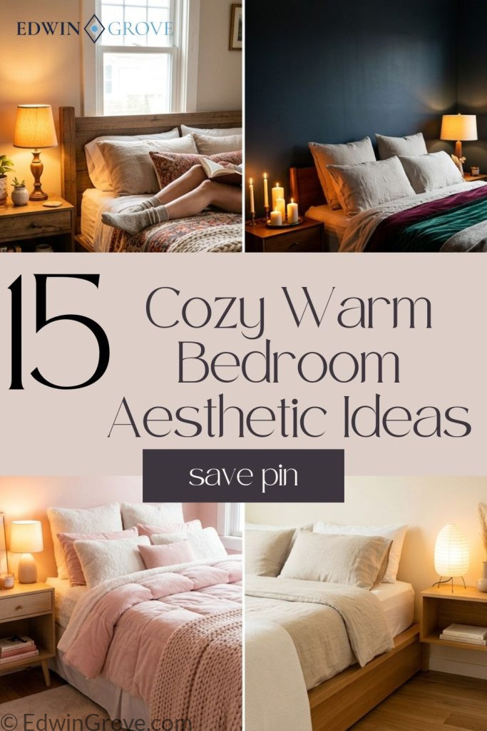 Four cozy warm bedroom aesthetic ideas including vintage amber dark moody pink fluffy and minimalist warm bedroom styles