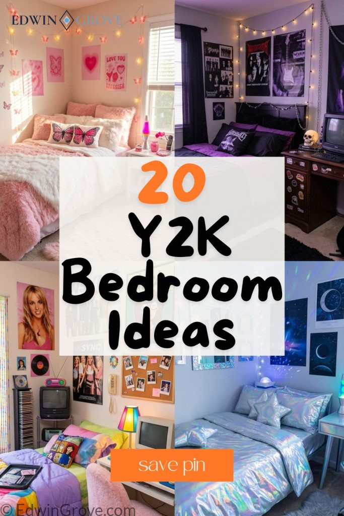 Four y2k bedroom ideas including cute pink fluffy dark grunge purple vintage retro and aesthetic blue silver holographic styles