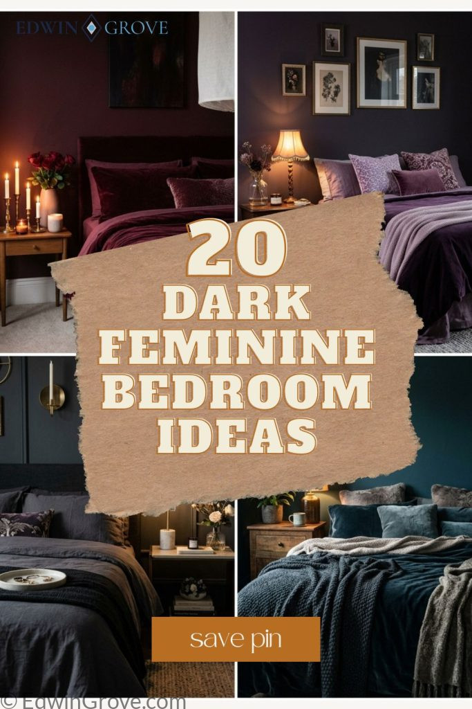  Four dark feminine bedroom ideas including moody burgundy velvet dark purple layered aesthetic elegant and cozy rich tone feminine bedroom styles