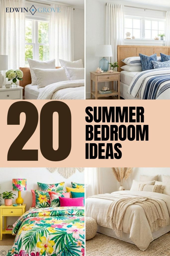  Four summer bedroom ideas including cozy white linen coastal blue boho neutral and colorful tropical bedroom styles