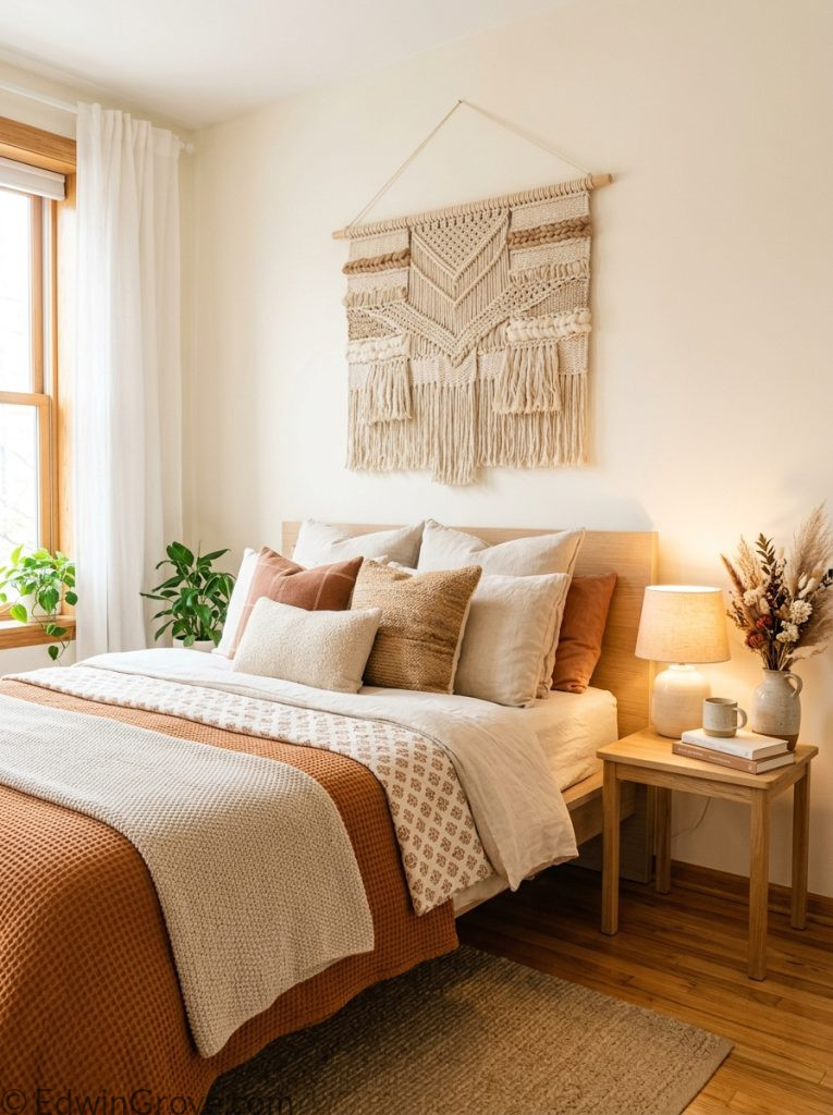  Aesthetic apartment bedroom with warm neutral tones woven wall hanging warm glowing lamp dried florals ceramic vase and layered aesthetic throw pillows 