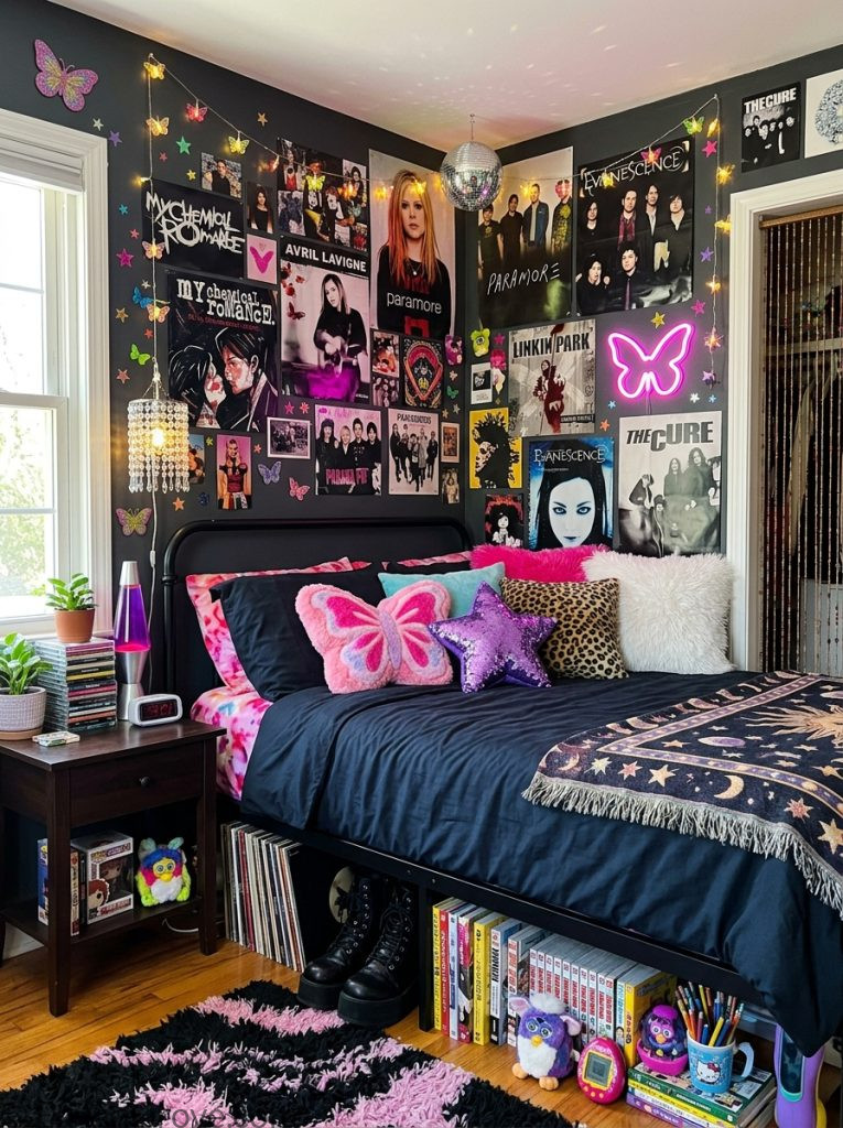  Black y2k bedroom with sleek black tones hot pink silver accents black bedding butterfly star pillows chrome accessories and pink poster wall