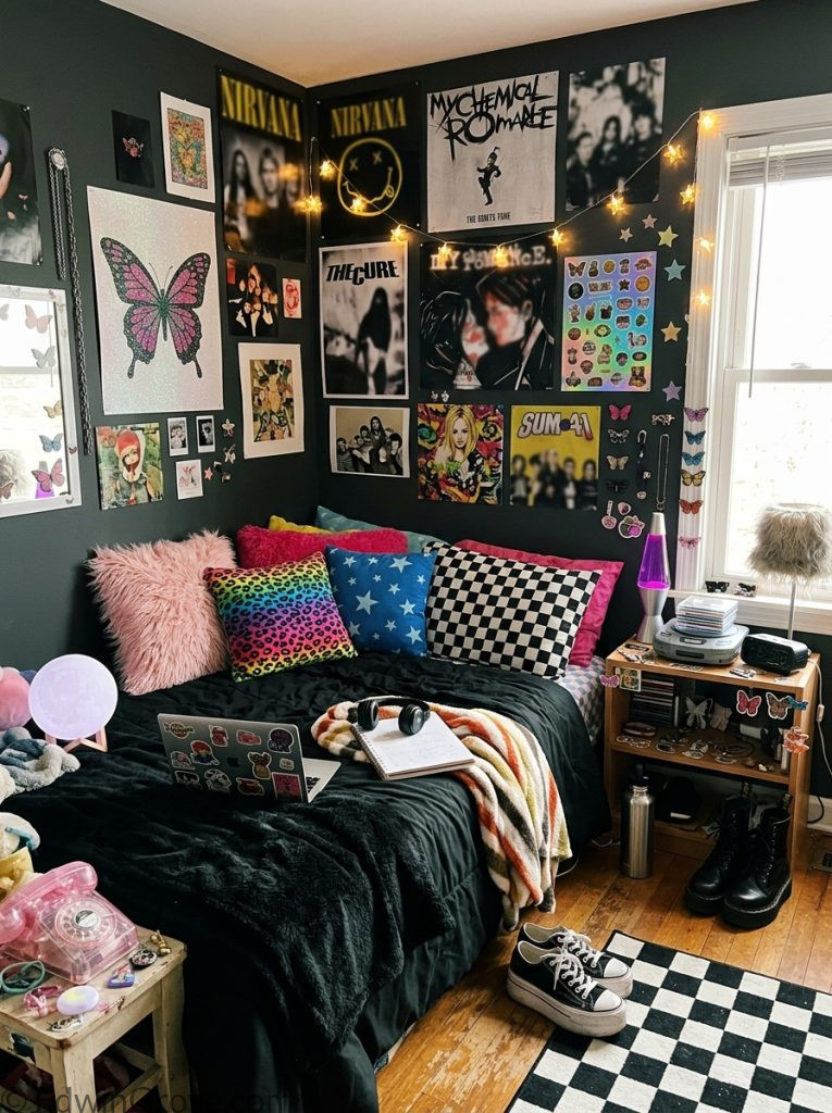 Alt y2k bedroom with dark tones band posters butterfly star prints mixed bedding bright y2k pillow accents and eclectic personal accessories