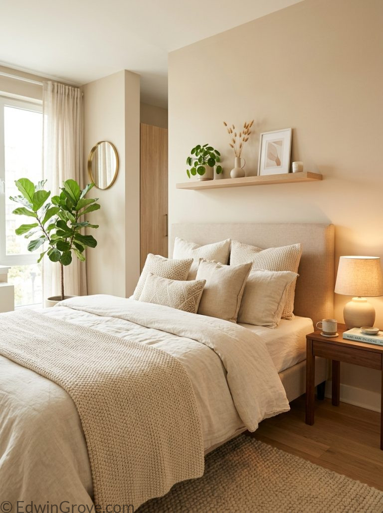 Beautiful apartment bedroom with warm neutral tones layered cream bedding floating shelf curated accessories warm lamp and small plant