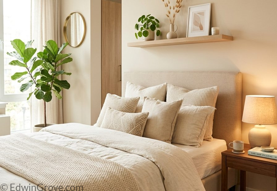 Beautiful apartment bedroom with warm neutral tones layered cream bedding floating shelf curated accessories warm lamp and small plant