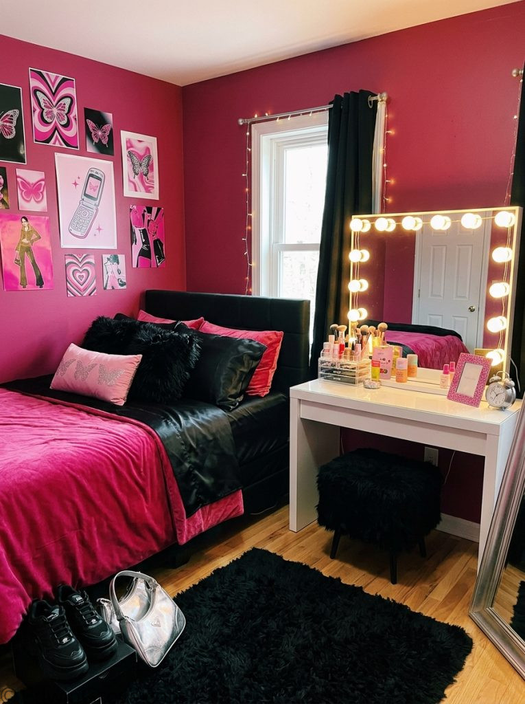  Baddie y2k bedroom with deep hot pink black tones sleek bedding bold accessories glamorous vanity mirror lights and bold y2k posters