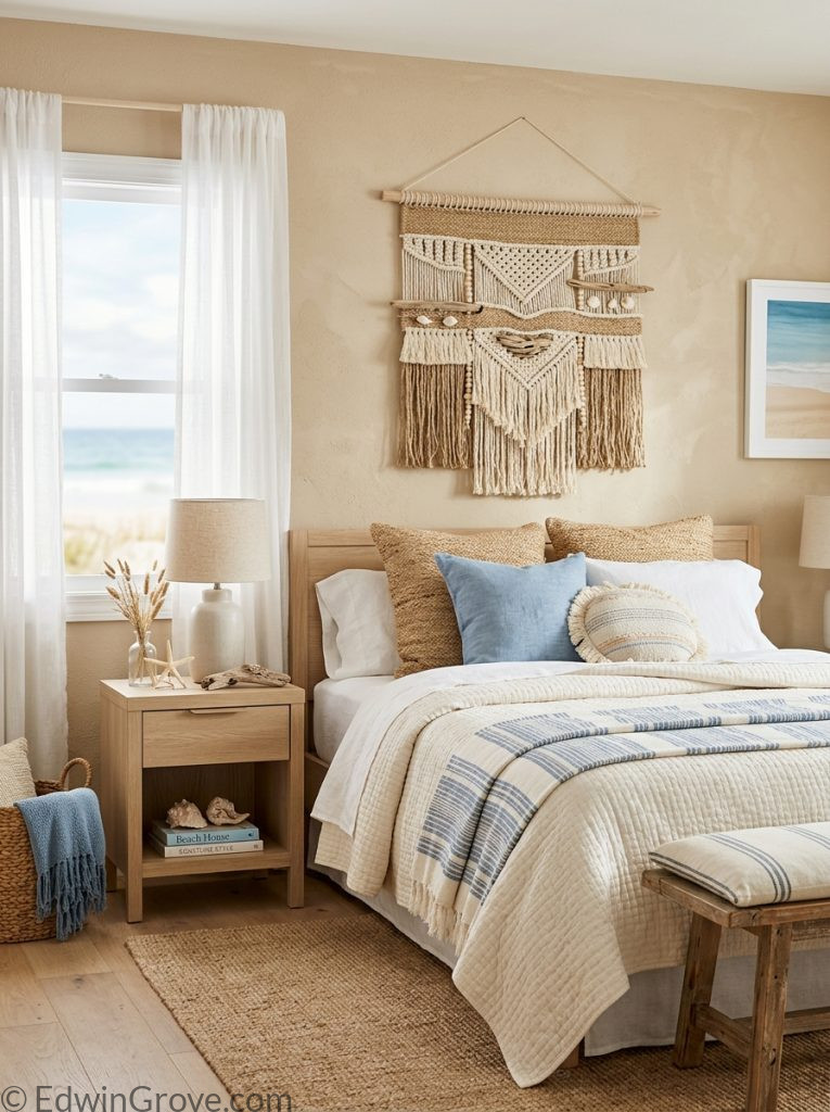  Beach inspired summer bedroom with sandy tones white blue woven textures driftwood decor and natural shell accents 