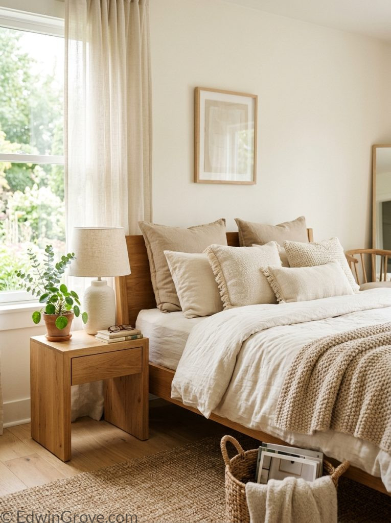  Beautiful neutral summer bedroom with cream beige warm white linen bedding knit throw wooden nightstand ceramic lamp and small plant 