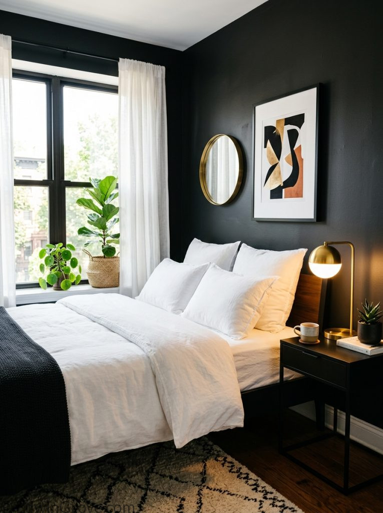 Black apartment bedroom with deep black charcoal tones crisp white bedding warm gold lamp simple black nightstand and bold framed wall art 