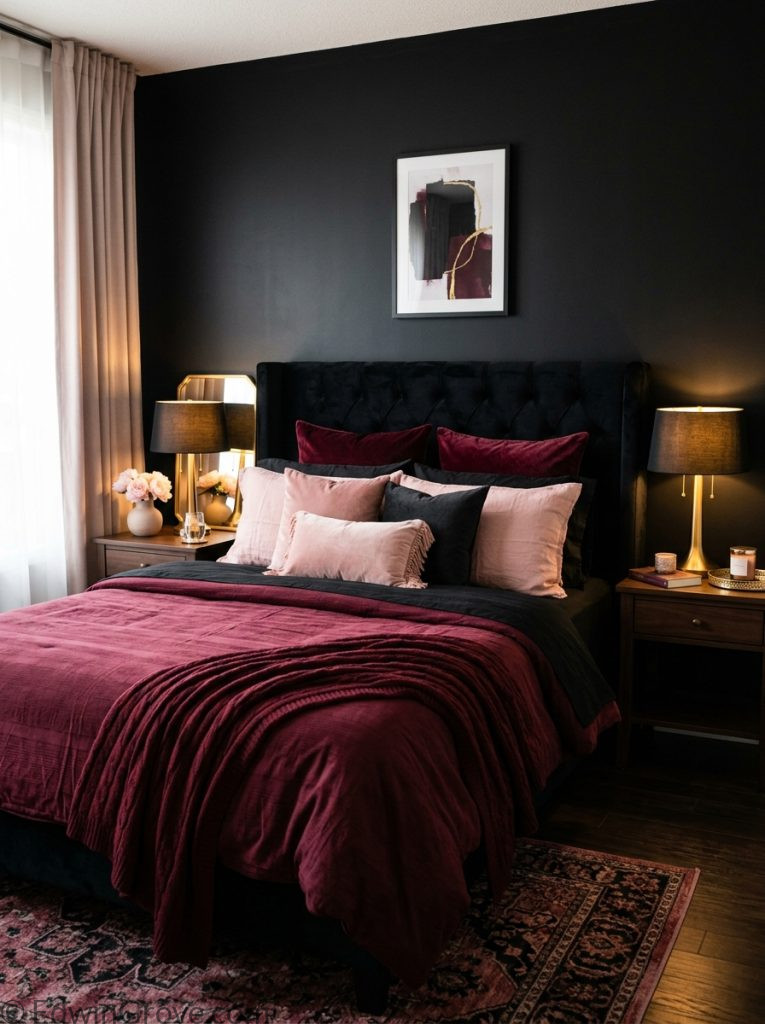  Bold black burgundy and pink bedroom with black walls burgundy bedding blush pink pillows and warm gold lamps on nightstands 