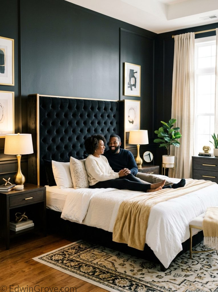 Bold black master bedroom for couples with charcoal tones gold cream accents black headboard matching nightstands gold lamps and crisp bedding