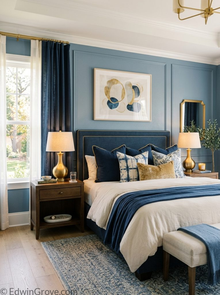 Beautiful blue master bedroom for couples with navy dusty blue cream gold tones blue cream bedding layered pillows and warm matching lamps