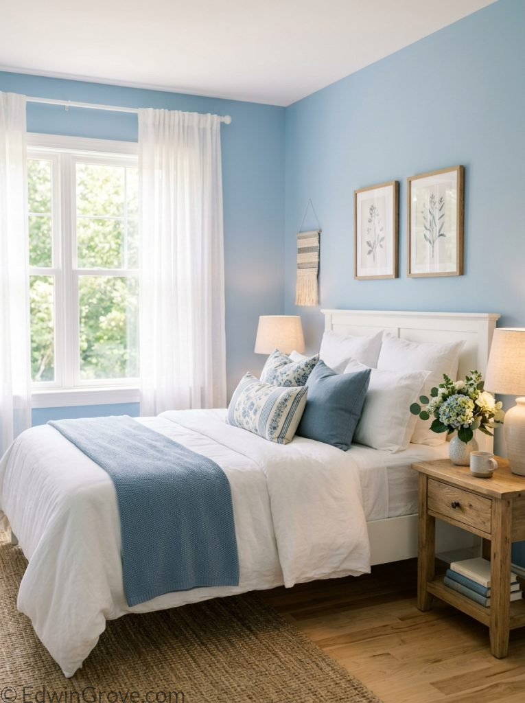 Beautiful blue summer bedroom with soft powder dusty blue walls white bedding blue white throw pillows and natural light 