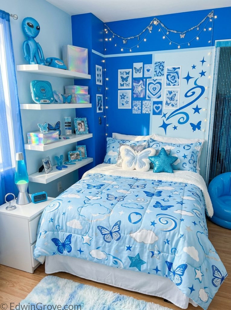  Blue y2k bedroom with electric light blue silver white tones holographic accessories blue white bedding star butterfly accents and cool lamp 