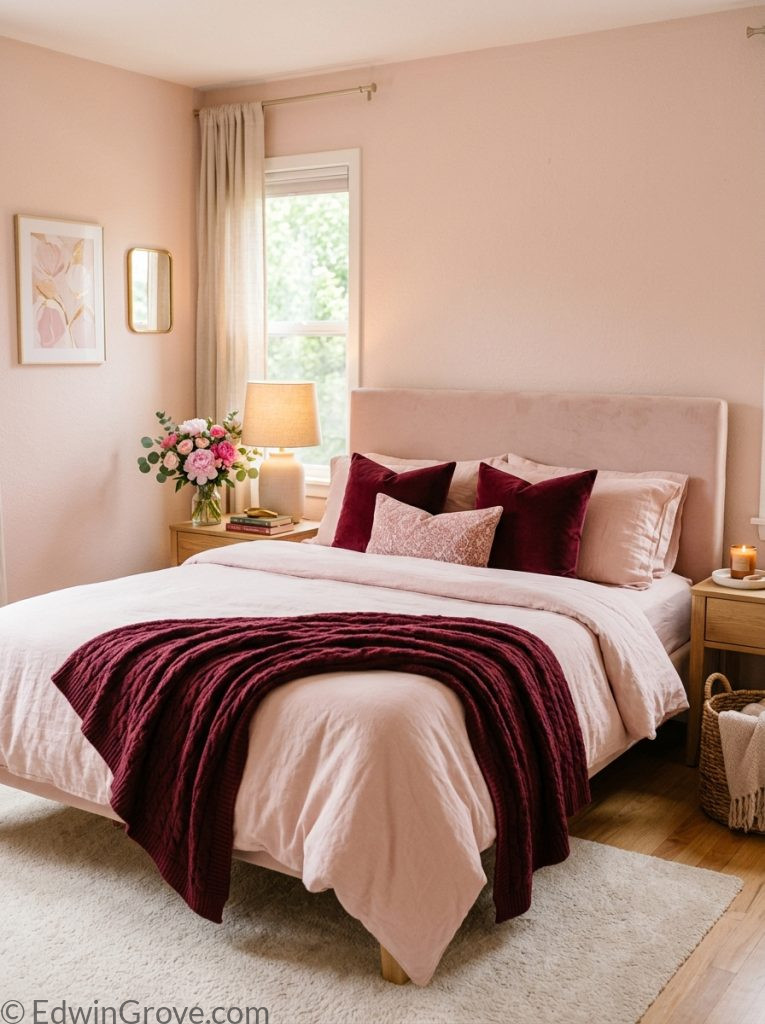 Soft blush burgundy and pink bedroom with blush pink walls bedding burgundy throw pillows blanket warm lighting and fresh pink flowers 