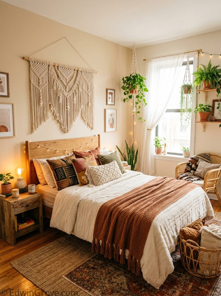  Boho apartment bedroom with warm earthy tones macrame wall hanging mixed throw pillows woven blanket hanging plants rattan accessories and warm lamp 