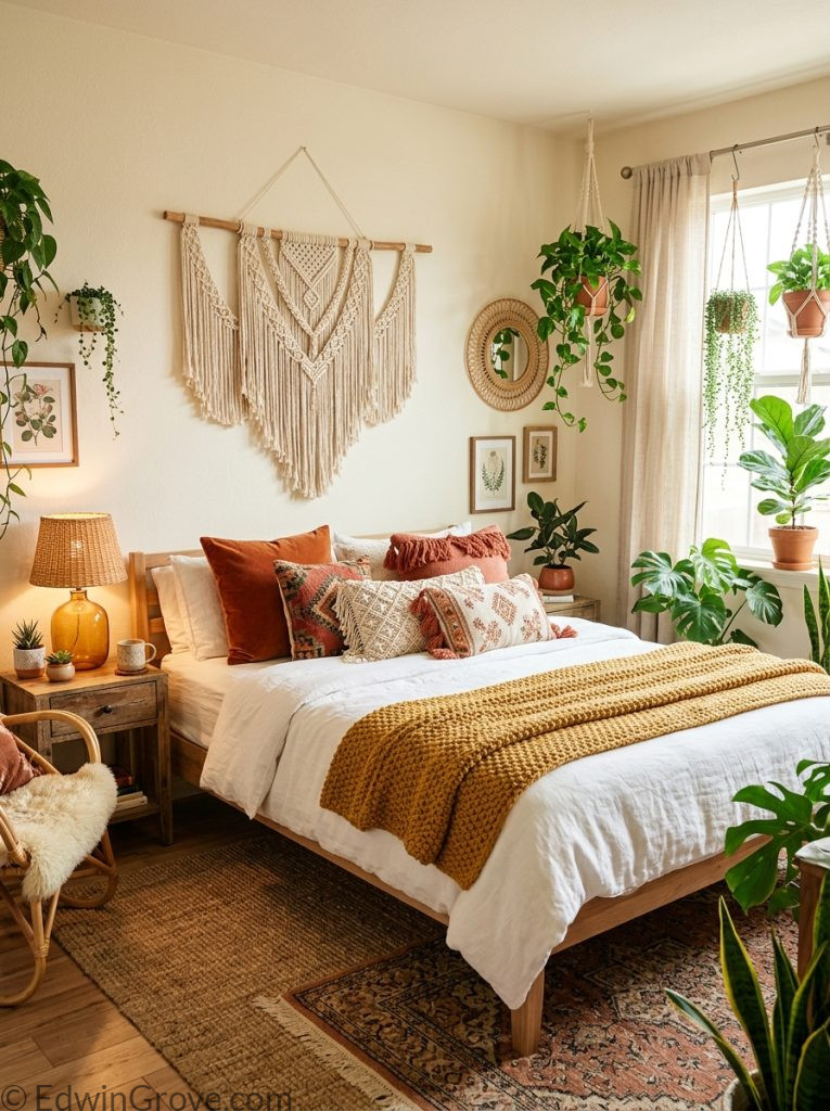 Boho cozy warm bedroom with earthy tones macrame wall hanging mixed pillows knit blanket hanging plants and warm lamp