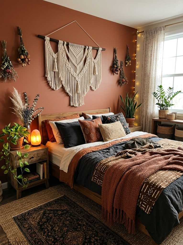 Boho dark feminine bedroom with deep terracotta charcoal tones macrame wall hanging dark mixed pillows woven blanket dried botanicals plants and warm lamp 
