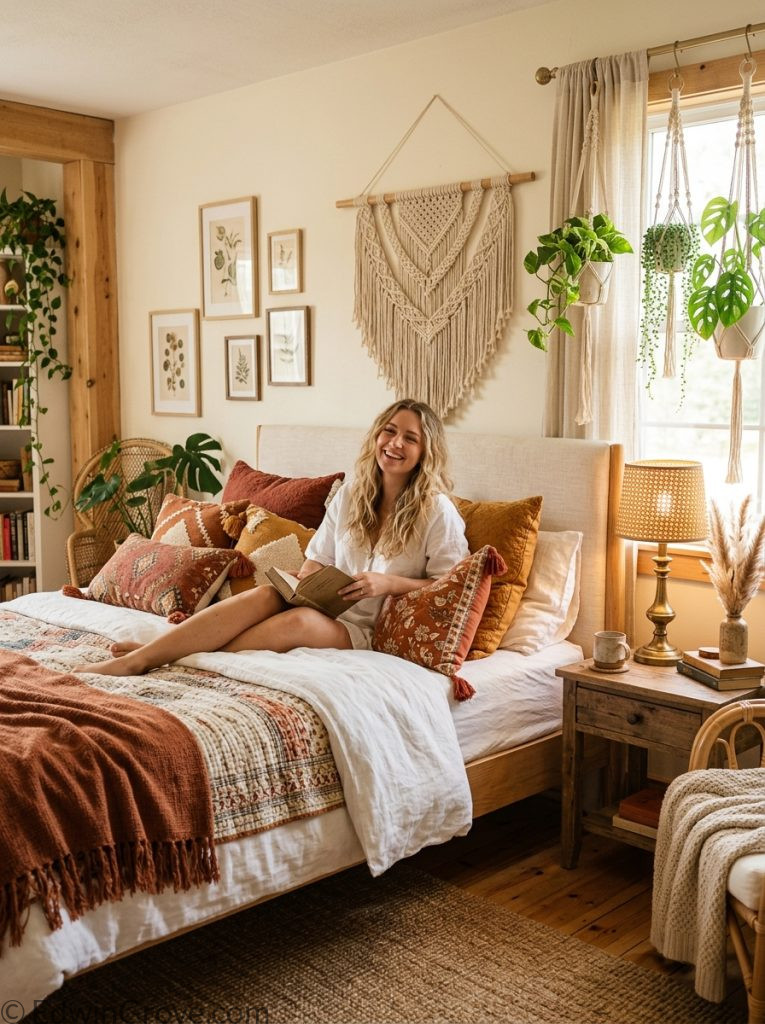 Beautiful boho summer bedroom with warm earthy tones macrame wall hanging patterned pillows bedside lamp and hanging plants