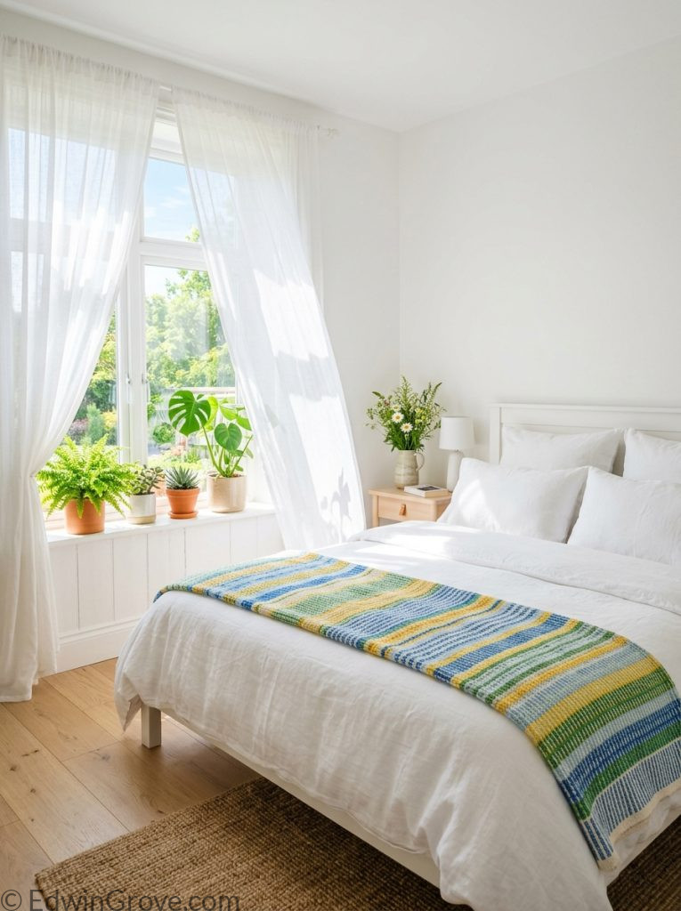  Bright airy summer bedroom with white walls sheer curtains white bedding colorful accent throw and green plants on windowsill